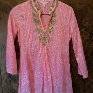 Pink Printed Tunic with Green Embroidered Neckline Xs